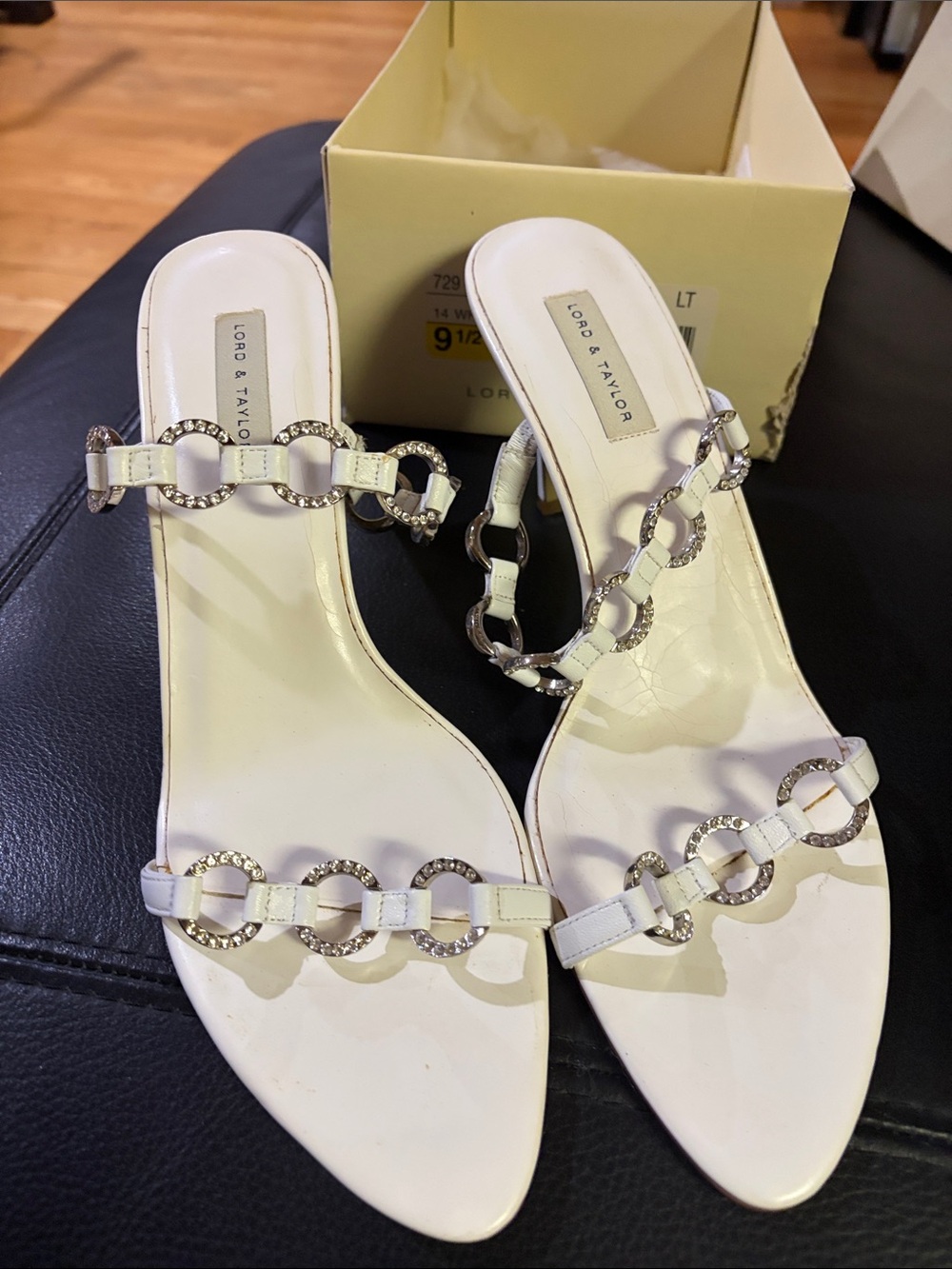 Lord & Taylor Ivory Rhinestone Link Slide Heels